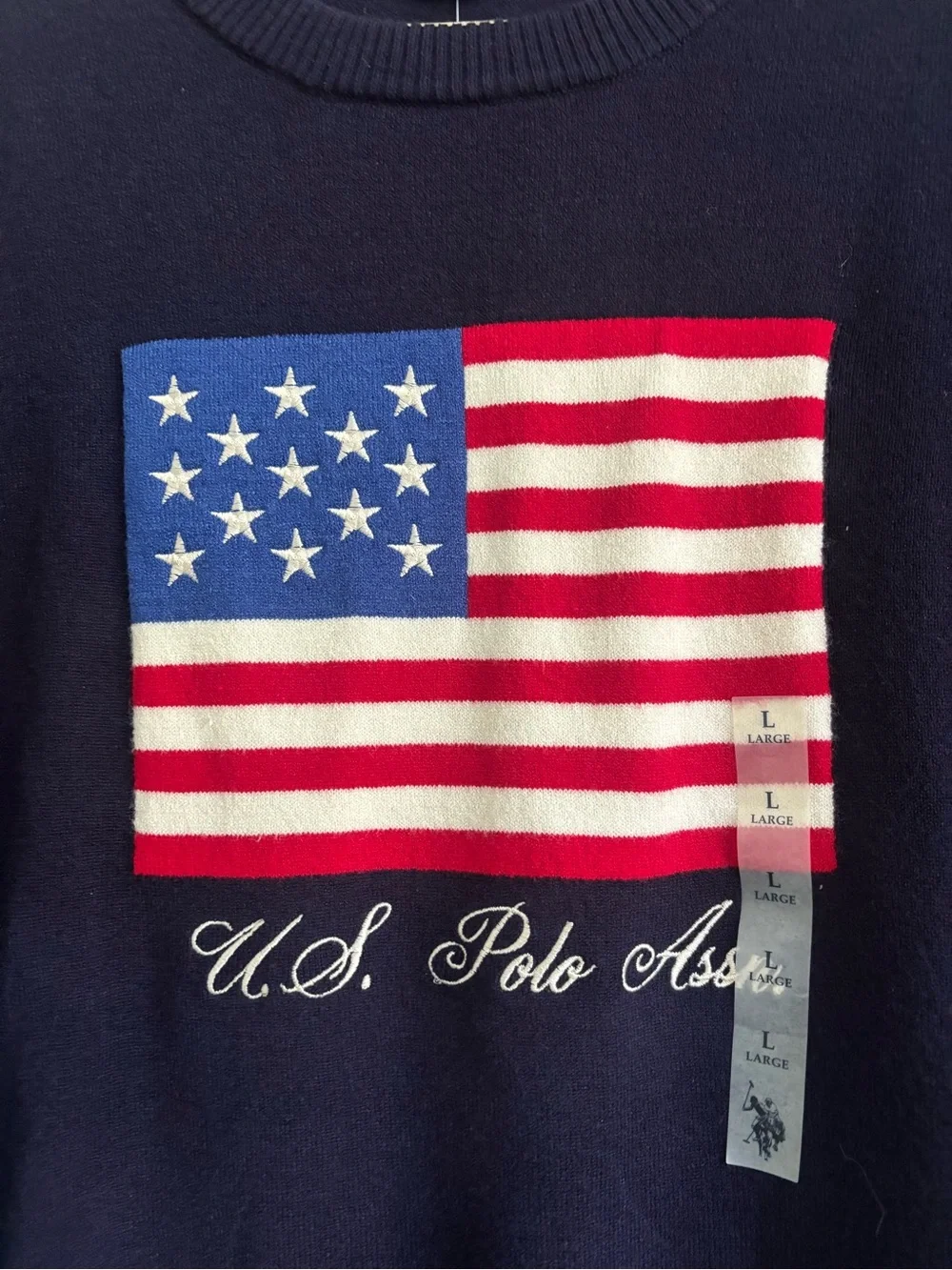 NWT U.S. Polo Assn. Women’s Navy Flag Crew Neck Lightweight Sweater, Size Large